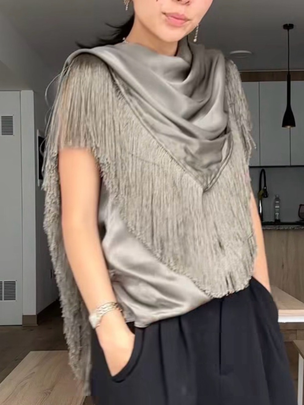 Banana Republic Womens Silky Crepe Fringe Top, Size XS Small Olive Green, NWT - Picture 8 of 11
